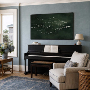 Minimalist bird canvas displayed above a coastal music room piano.