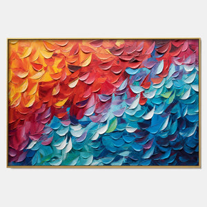 Hand-painted textured abstract wall art with multicolor, blue, and warm tones tones.
