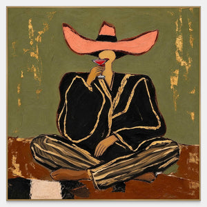 Front view of A Toast to Freedom, a cross-legged figure raising a stemmed glass beneath a coral hat against olive green.