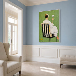 White framed painting of a seated woman beside pale chairs in a blue reading lounge.
