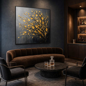 Dramatic black and gold wall art in a cocktail reception lounge.