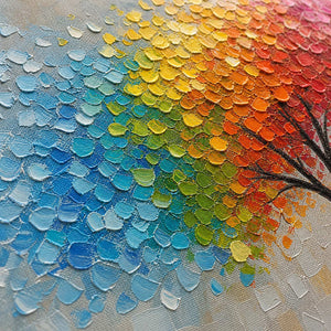 Close-up of raised hand-painted texture in multicolor, blue, and warm tones.