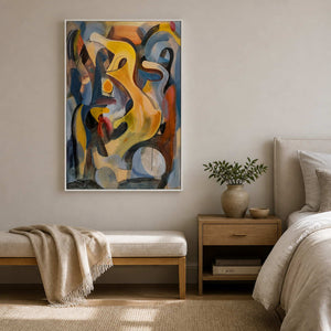 White framed colorful abstract painting above an upholstered bench beside a bed.