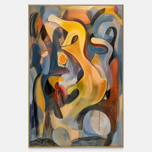 Vertical abstract painting with a sweeping yellow curve, blue gray strokes, and dark loops.