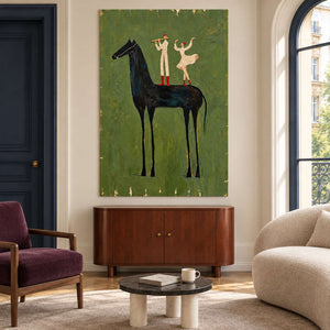 Horse and performers artwork above a brown cabinet between a burgundy chair and cream sofa.