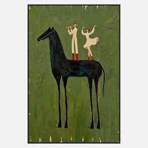 Black horse with elongated legs carrying a standing flute player and dancer in cream clothing and red boots against olive green.
