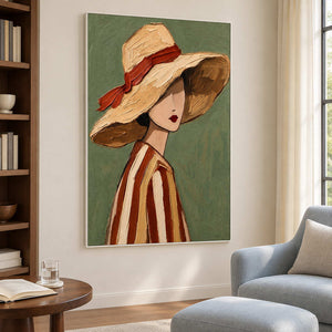 Broad pale hat painting beside a light blue reading chair and ottoman.