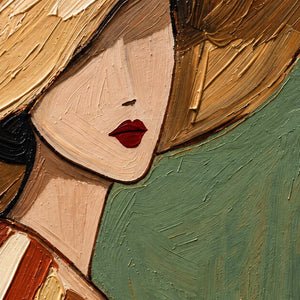 Detail of red lips, pale angled face, and layered strokes beneath a broad curved hat.