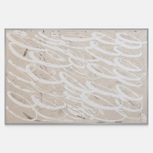 Horizontal beige abstract painting with white loops and faint scratched dark lines.