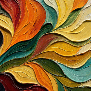 Close-up of A Warm Embrace showing raised orange, yellow, burgundy and teal paint following curved palette-knife marks.