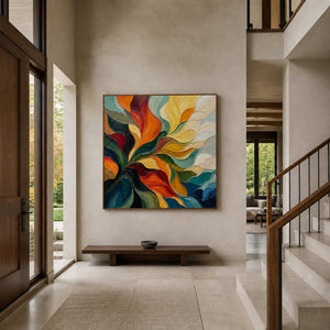 A Warm Embrace in a brown wood frame above a low bench beside an entryway staircase.