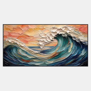 Hand-painted panoramic wave canvas in teal, coral, ivory, and navy.