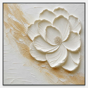 Hand-painted white flower relief over softly textured ivory and gold.