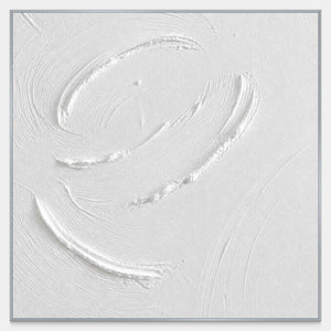 Hand-painted square minimalist wall art with raised circular gestures in white and ivory.