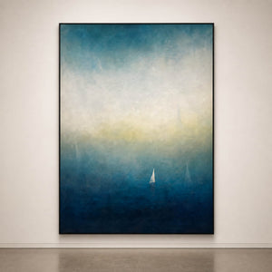 Misty ocean wall art viewed close-up in a quiet contemporary gallery.