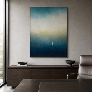 Minimalist coastal wall art displayed in a calm executive office.