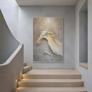 Vertical coastal relief artwork beside a mist blue modern staircase.