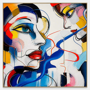Hand-painted square portrait canvas with expressive faces and vivid color.