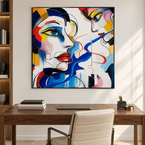 Hand-painted square portrait canvas with expressive faces and vivid color, displayed in a study in a black frame.