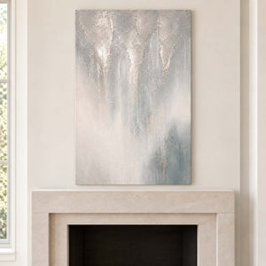 Soft gray and ivory vertical textures fading into pale blue without an outer frame, displayed above a fireplace.