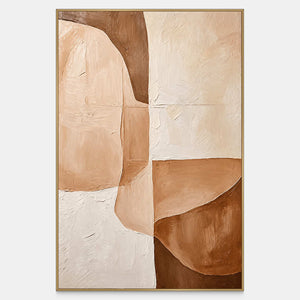 Vertical abstract painting with rounded peach, cream, and caramel shapes, visible brush texture, and a slim gold frame.