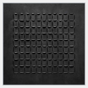 Square black abstract artwork with a centered grid of raised rectangular outlines and a wide textured border.