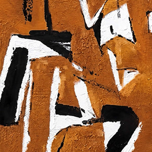 Close-up of thick ochre-orange brush strokes, textured white paint, and narrow black breaks in An Eager Embrace.