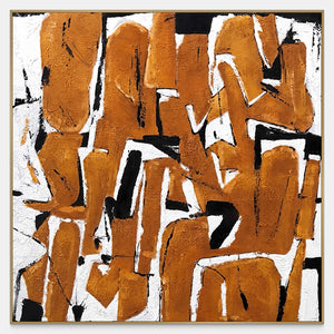 An Eager Embrace, a square abstract painting with thick ochre-orange strokes over a contrasting black and white ground.