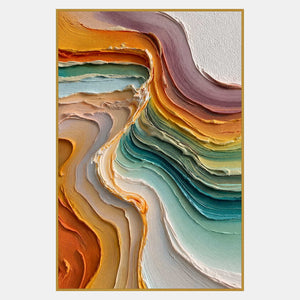 Vertical abstract of broad orange, golden, mauve, cream, and aqua bands curling around a narrow central turn.