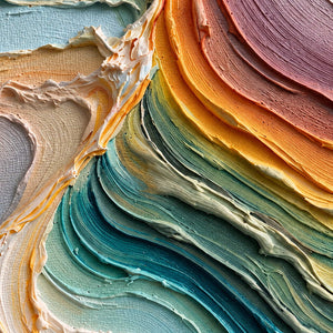 Close-up of curled orange, mauve, pale aqua, and deep teal layers with rough edges and fine grooves.
