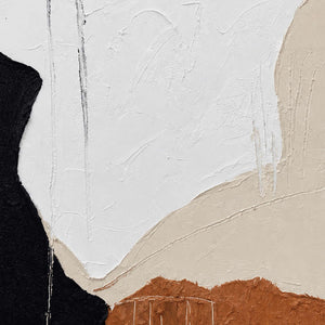 Close-up of white, black, and earthy orange paint with fine incised lines.