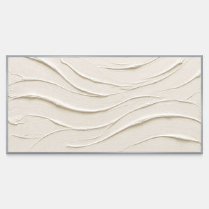 Front view of An Unhurried Flow, a panoramic cream abstract painting with long raised curves and fine parallel grooves.