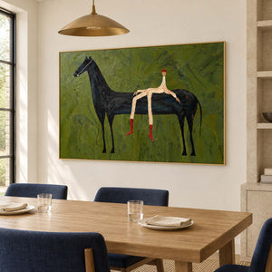 Wide equestrian painting behind a wooden table and navy chairs.