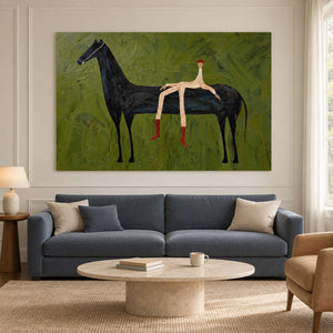 Green horse artwork above a blue sofa and pale round table.