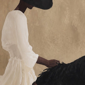 Close view of white dress brushwork and a hand resting on the horse.