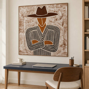 Crossed-arm portrait above a dark-topped desk and curved wooden chair.