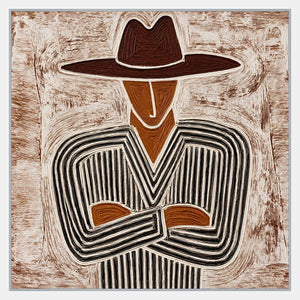 Square portrait of a brown-hatted figure with crossed arms, ochre face, and black-and-cream striped clothing amid fine grooves.