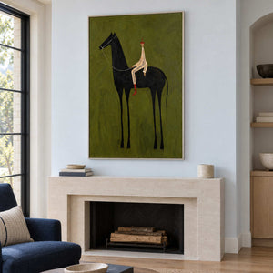 Black horse painting above a pale fireplace beside a blue chair.