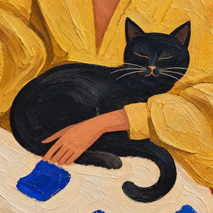 Detail of the resting black cat, supporting hand, yellow sleeve, and blue skirt patches.