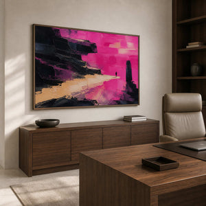 Dramatic abstract landscape in a wood frame displayed in an office.
