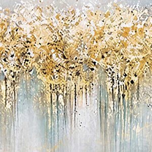 Close view of golden flecks, white accents, and fine trails fading into pale blue gray.