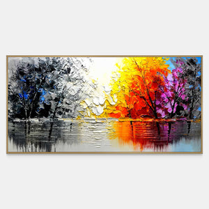 Panoramic lake painting with gray trees facing bright orange and pink reflected foliage.