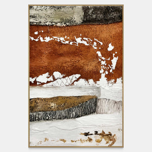 Vertical abstract artwork with a wide rust field, broken white layers, and dark textured bands.