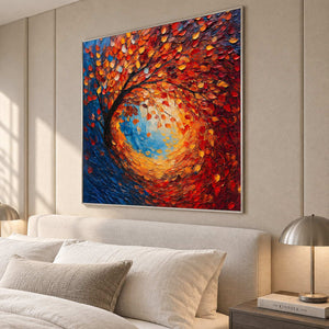 Bright autumn tree artwork over a beige bed with neutral pillows.