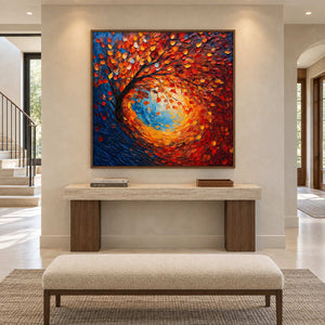 Square autumn tree painting above a pale-topped console in an open entryway.