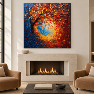 Curved-trunk tree painting above a lit fireplace between two tan armchairs.