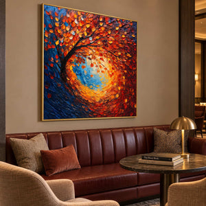 Richly colored tree artwork above a burgundy booth with a small round table.