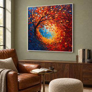 Orange and blue tree artwork beside a brown reading chair on a muted green wall.