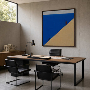 Minimalist figurative wall art styled in an architecture founder office.