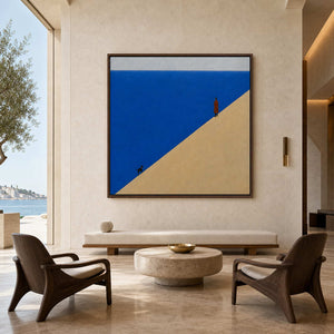 Square coastal painting displayed in a Lisbon seaside art hotel lobby.